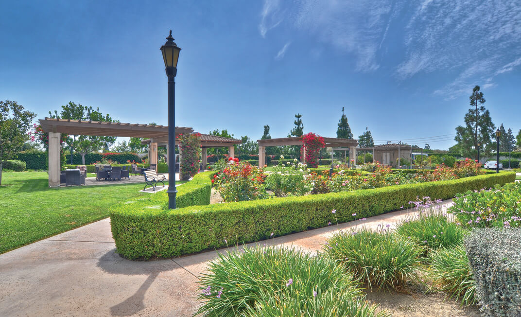 Beautiful outdoor garden area with seating and paths