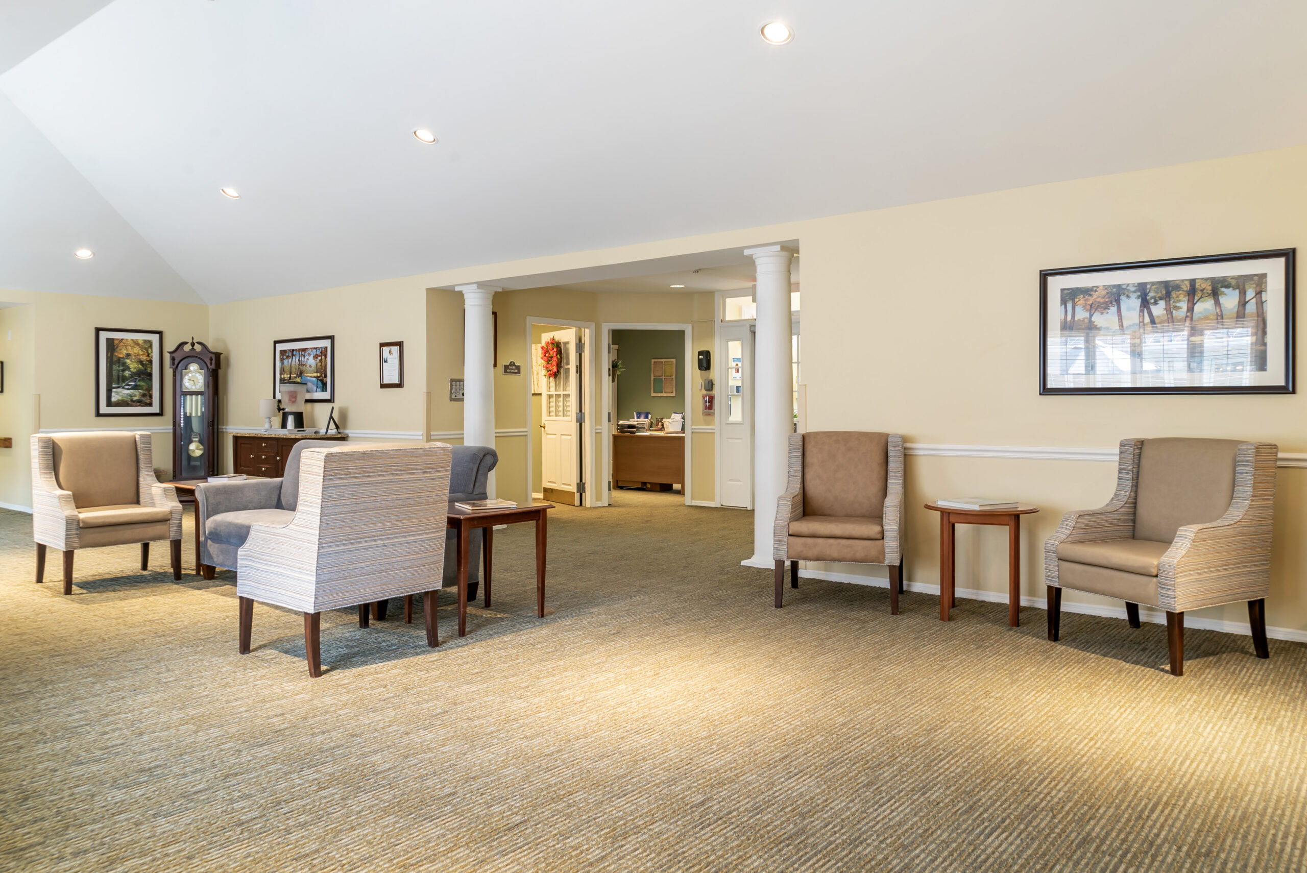 Bright interior common area with seating arrangements