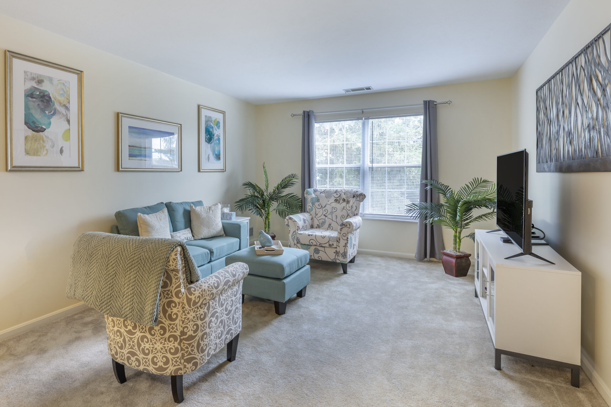 Cozy living room with comfortable seating and natural light