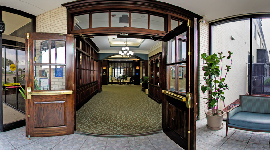 Entrance view of a senior living facility lobby