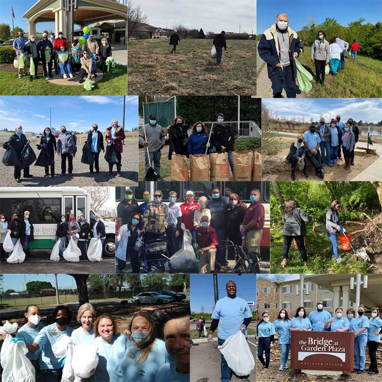 Residents and staff participating in a community clean-up event