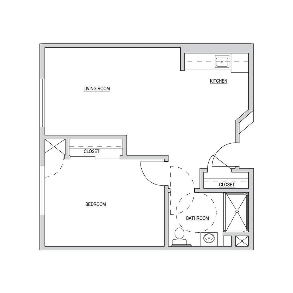 Architectural floor plan of a one-bedroom unit