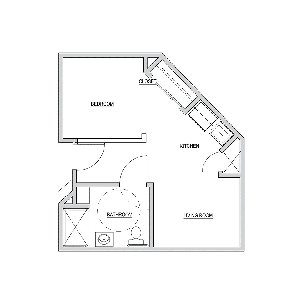 Architectural floor plan of a one-bedroom unit