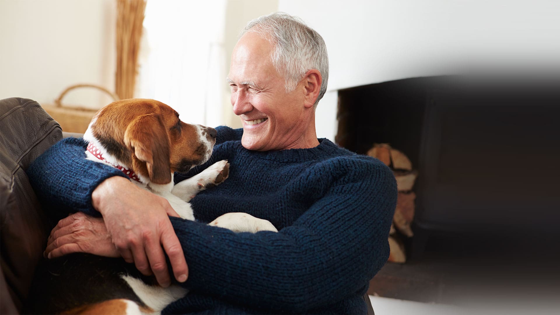 Senior man joyfully interacting with a dog indoors