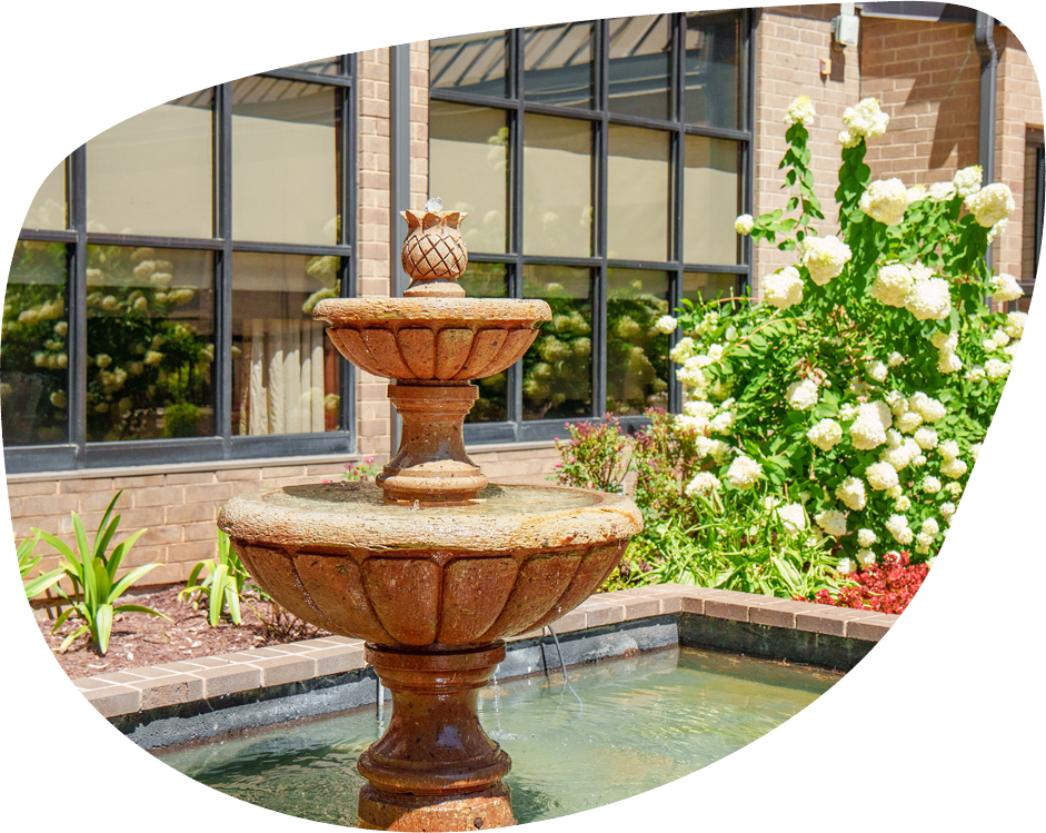 A fountain in a landscaped outdoor area