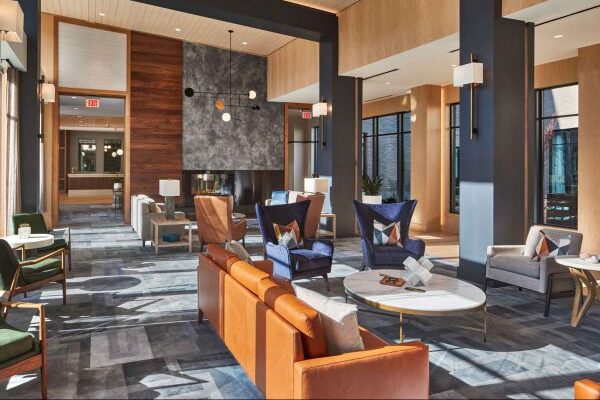 Bright interior lounge of a senior living facility