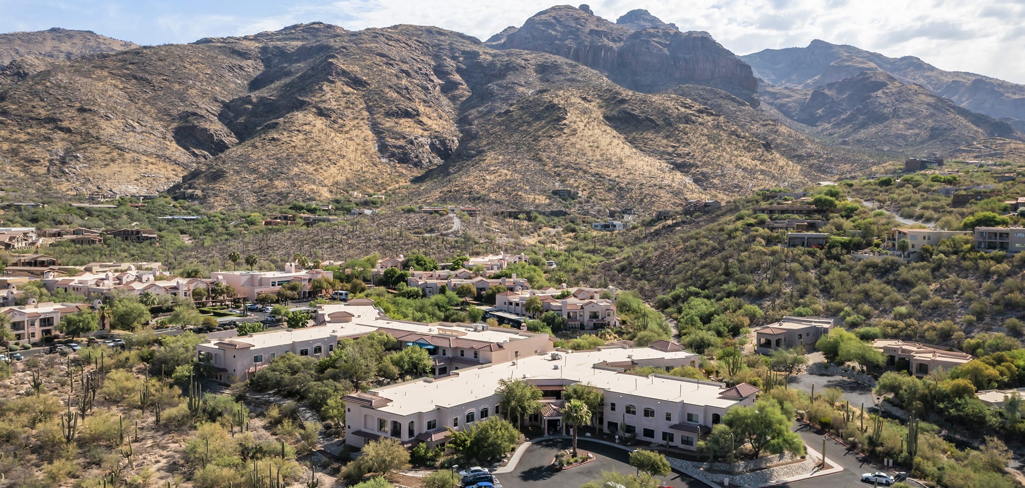 Aerial view of Brookdale Santa Catalina surrounded by mountains
