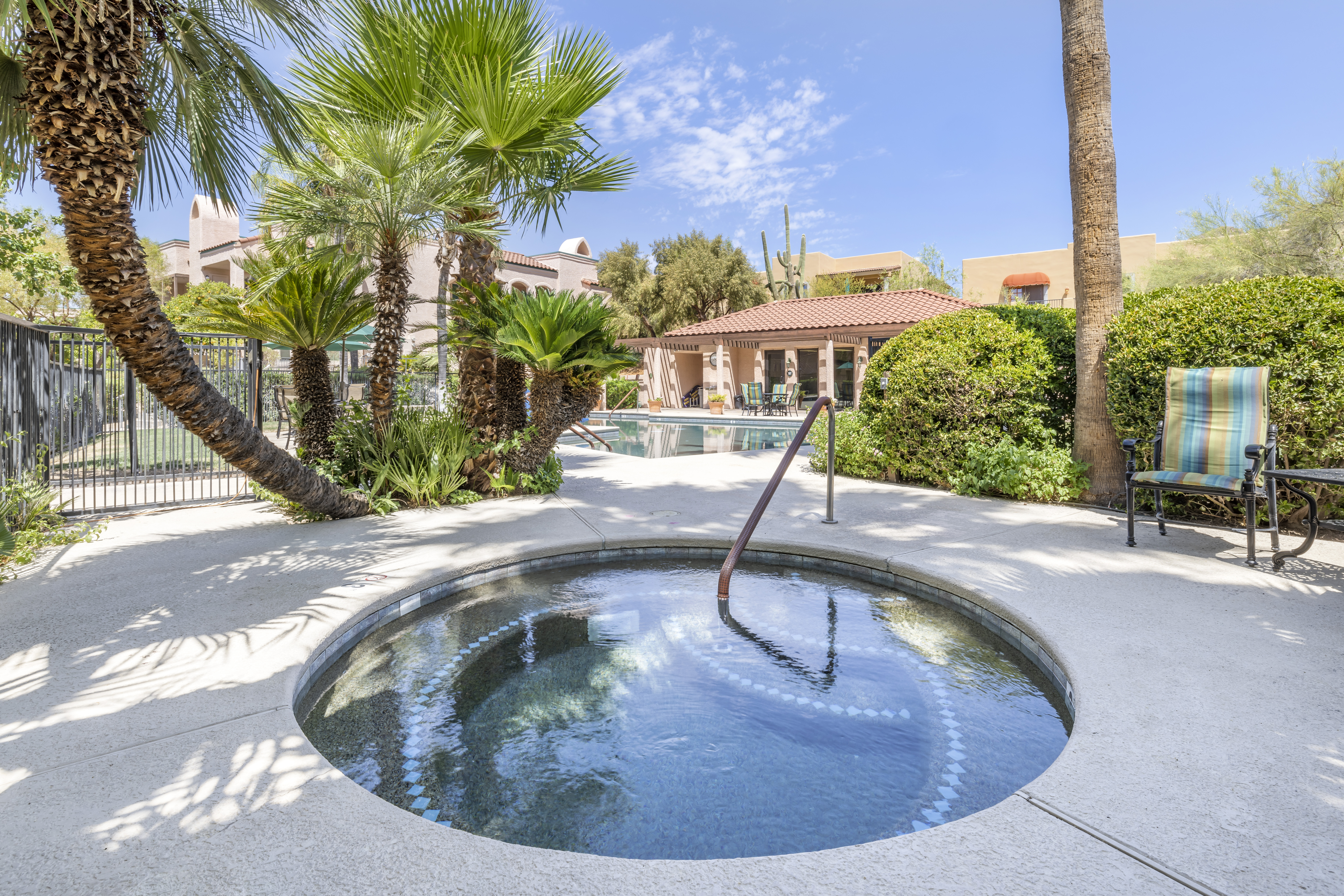 Outdoor pool area with tropical landscaping