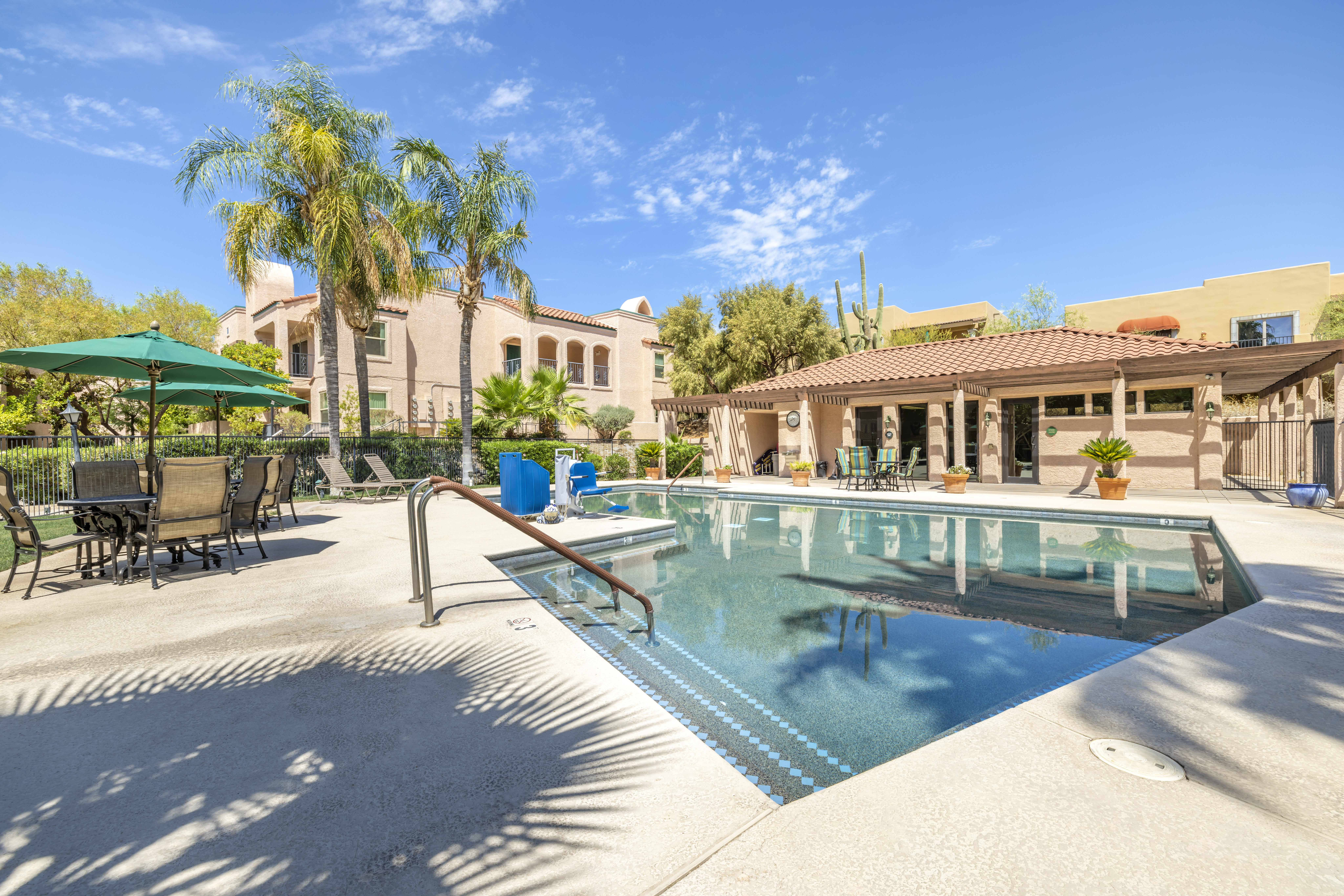 Outdoor pool area with lounge chairs and palm trees