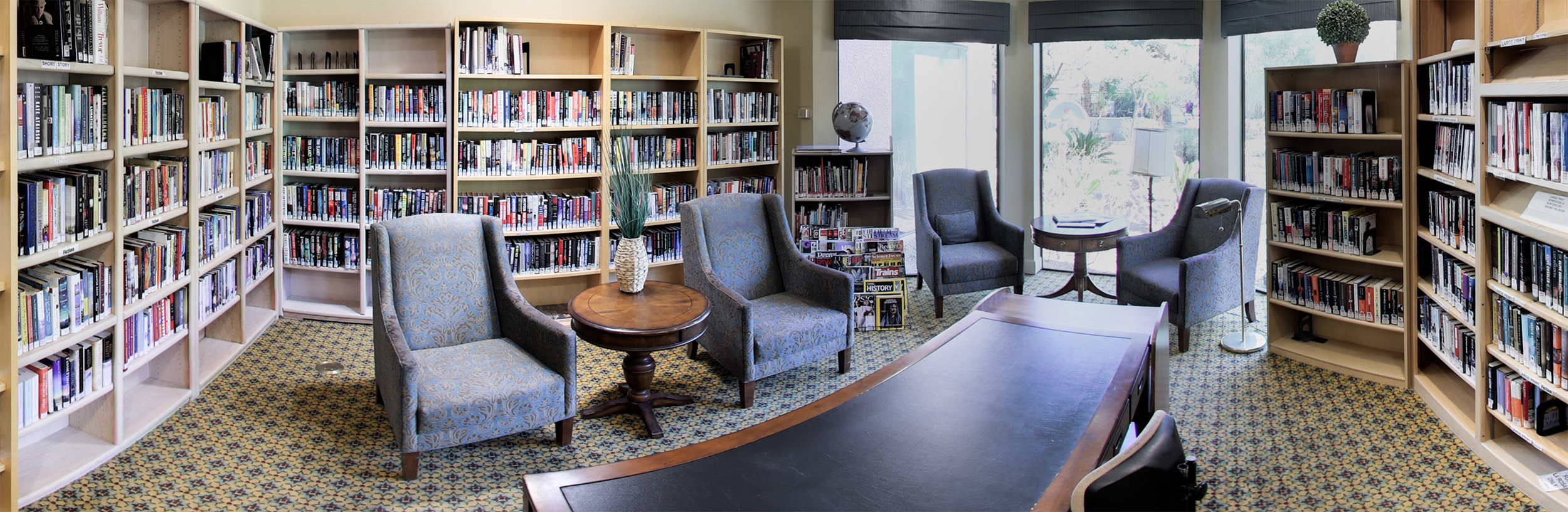 Interior view of a library with seating