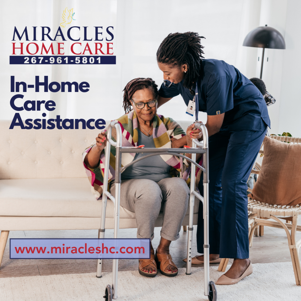 Caregiver assisting an elderly woman with a walker.