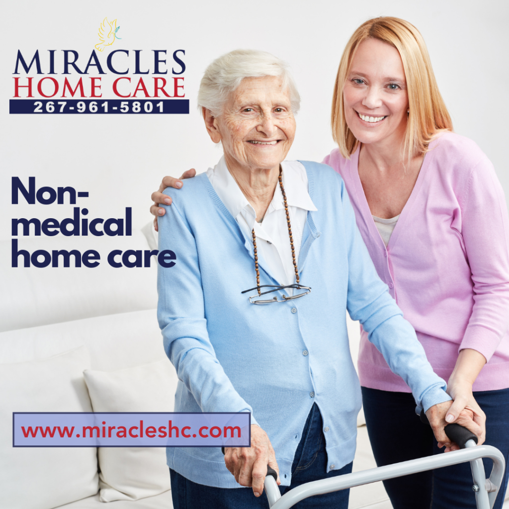 Resident and caregiver smiling together indoors.