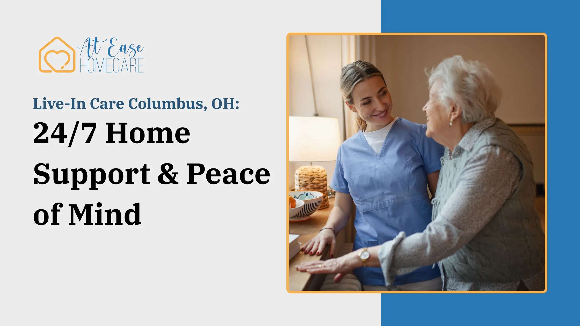 Caregiver assisting an elderly woman with a smile.