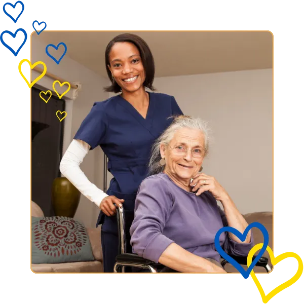 Nurse assisting an elderly woman in a chair.