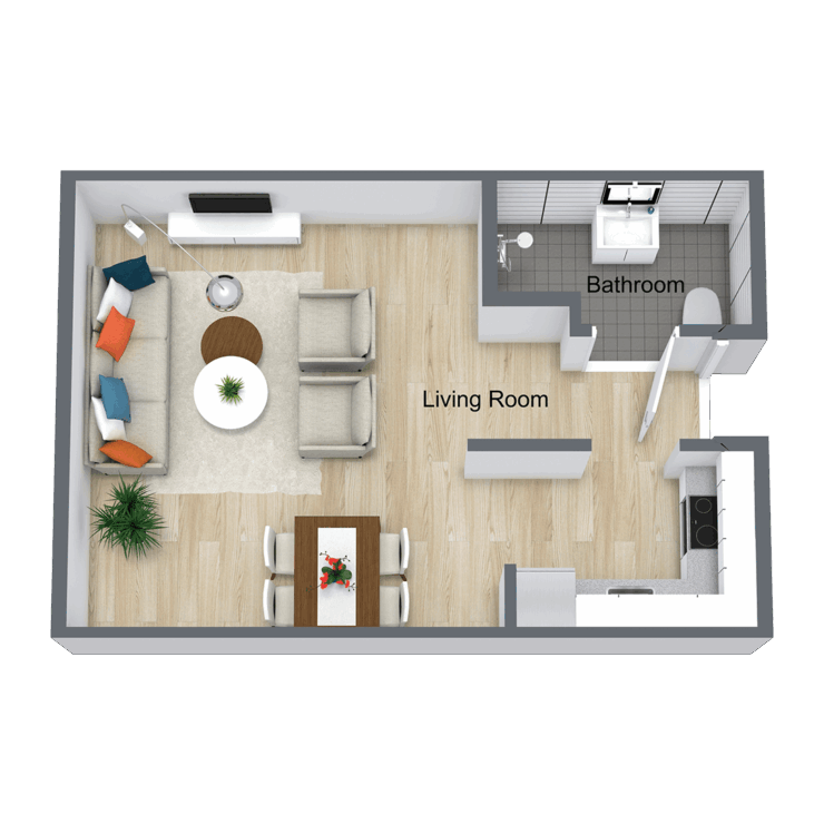 Architectural floor plan of a living room and bathroom.