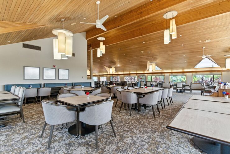 Bright dining area with ample seating and modern decor.