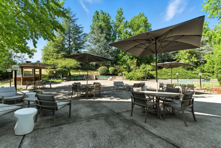 Outdoor seating area with umbrellas and greenery.