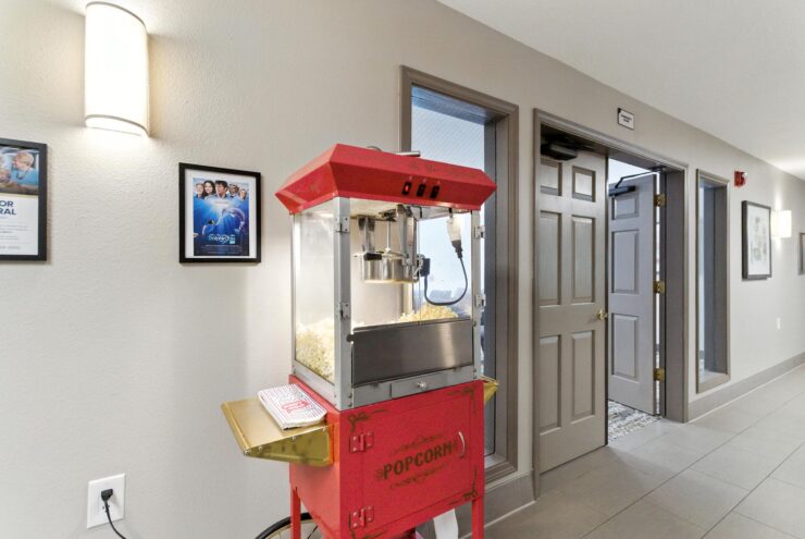 Popcorn machine in a facility hallway.