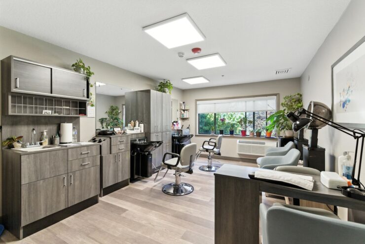 Beauty salon area with chairs and plants