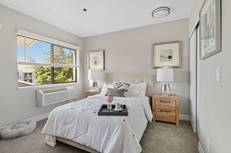 Cozy bedroom setup with warm natural lighting.