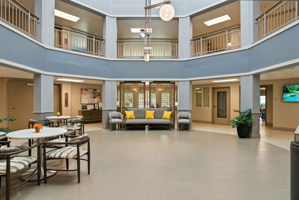 Spacious common area with seating and decor.