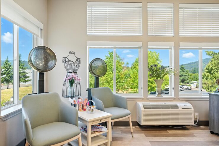 Common area with seating and large windows