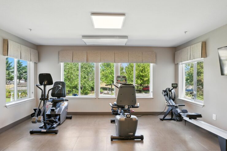Bright fitness area with exercise equipment