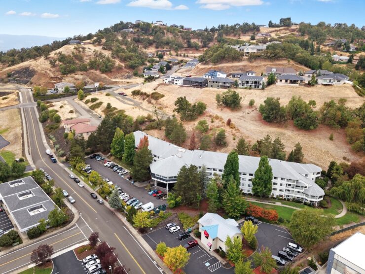Aerial view of the assisted living facility and surrounding area.