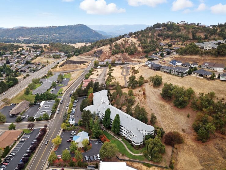 Aerial view of the assisted living facility and surrounding area.