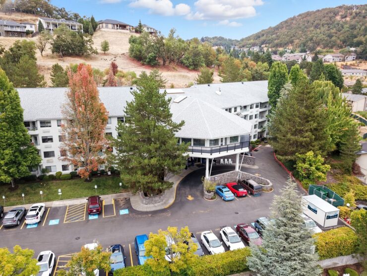 Aerial view of the facility with parking area.