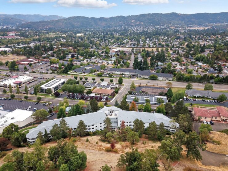 Aerial view of the assisted living facility and surrounding area.