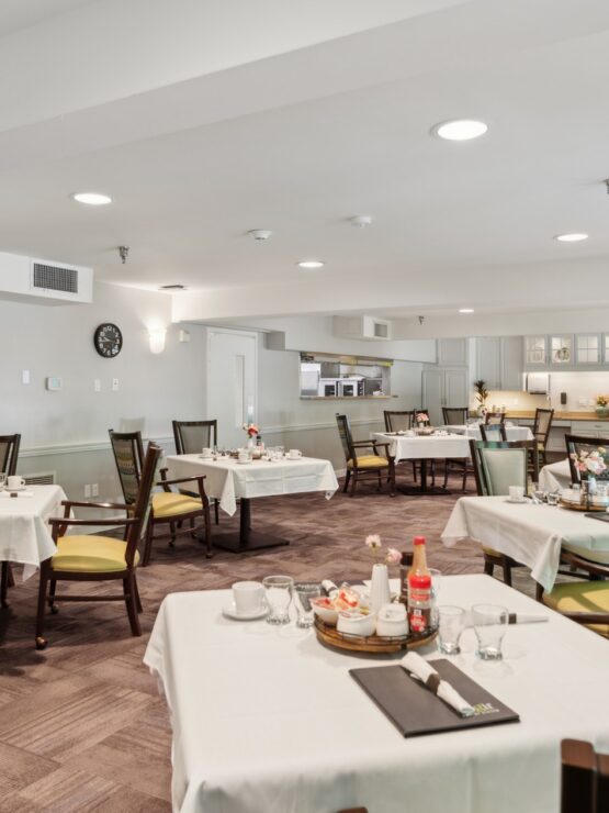 Dining room setup with tables and food service items