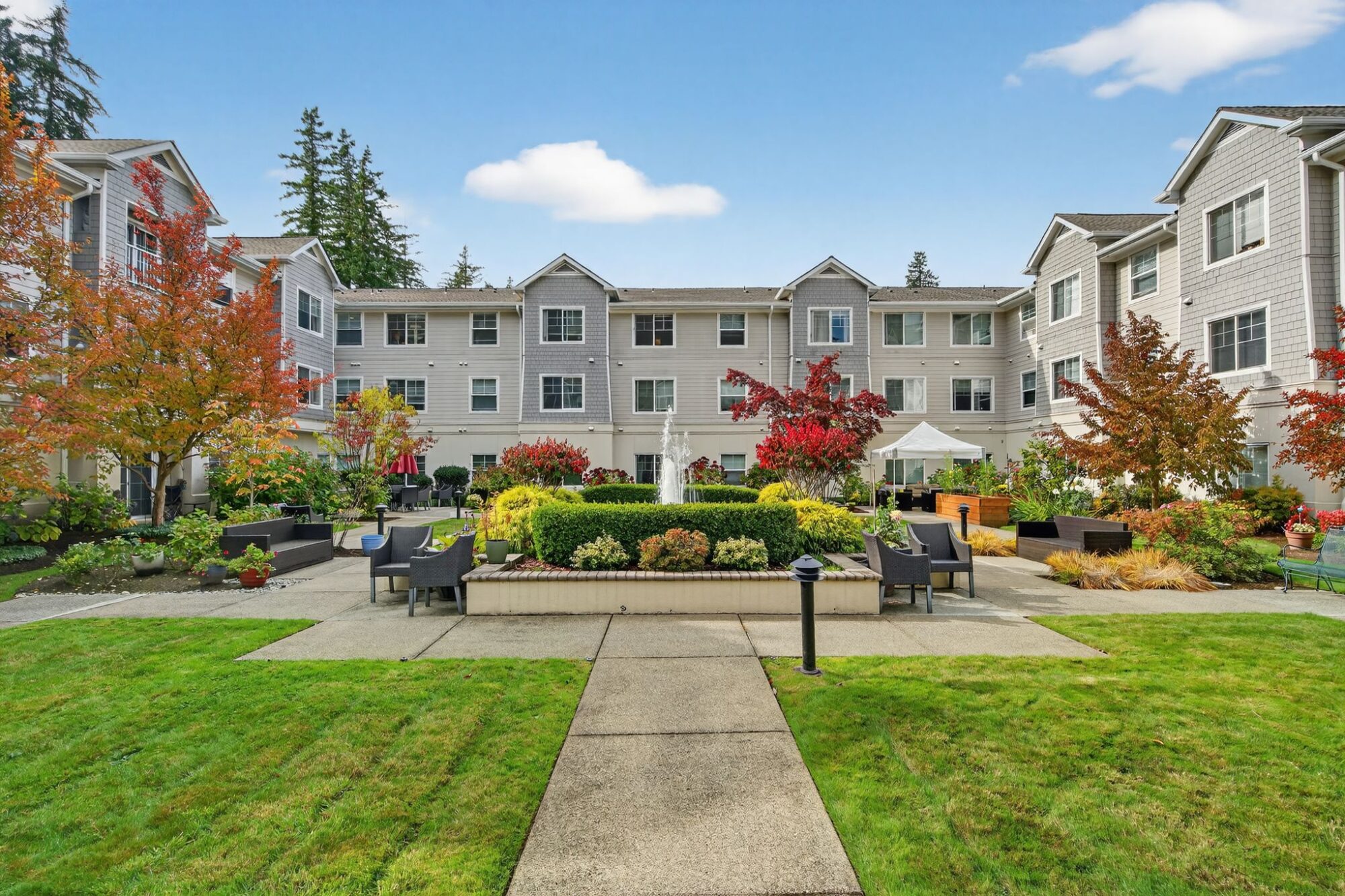 Outdoor courtyard with landscaped garden and seating