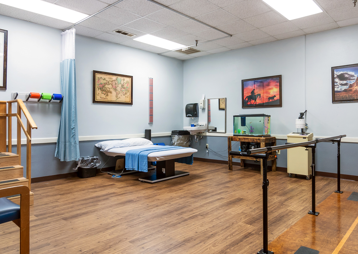 Therapy room with equipment and exercise mats