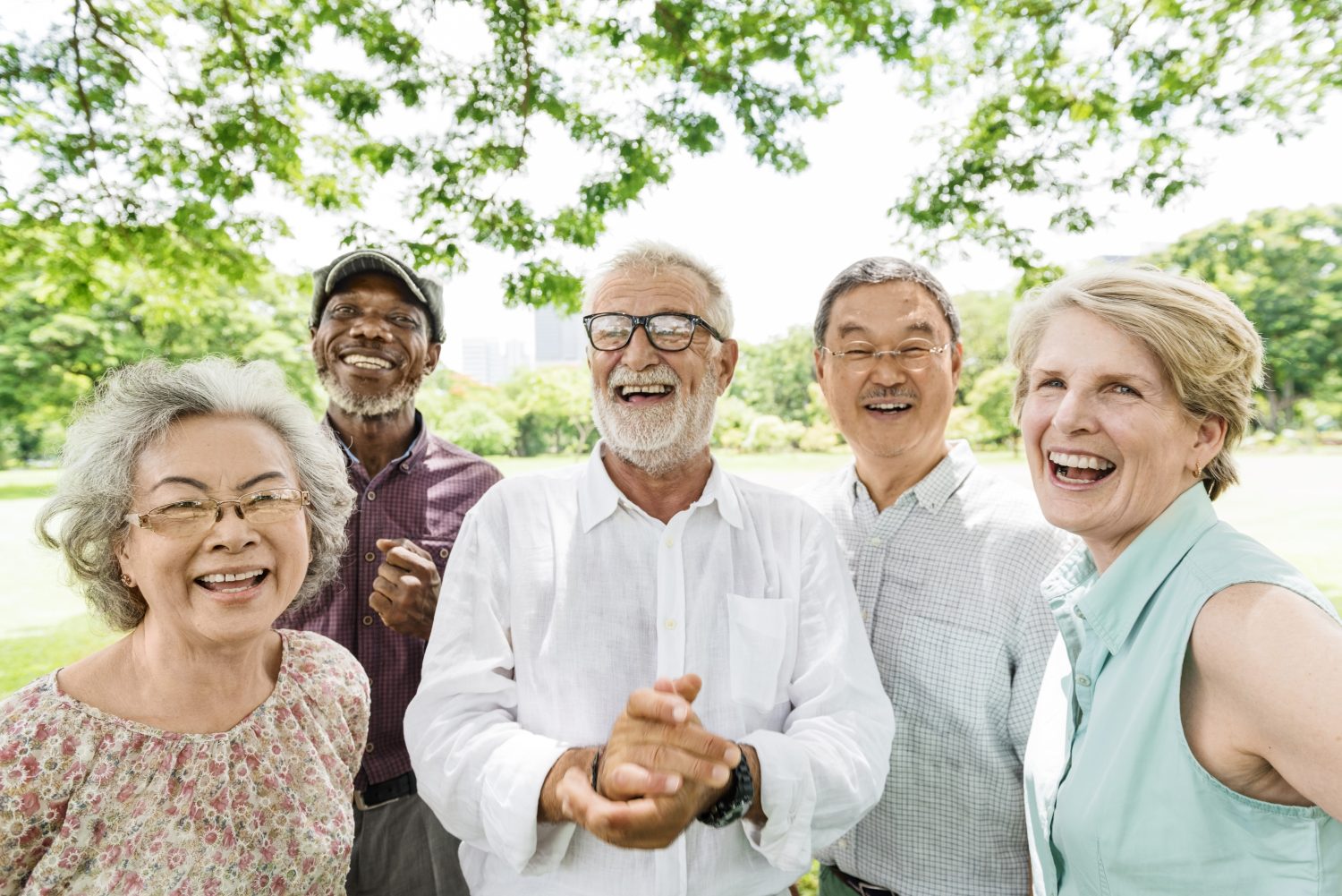 Group of happy seniors enjoying a sunny day outdoors