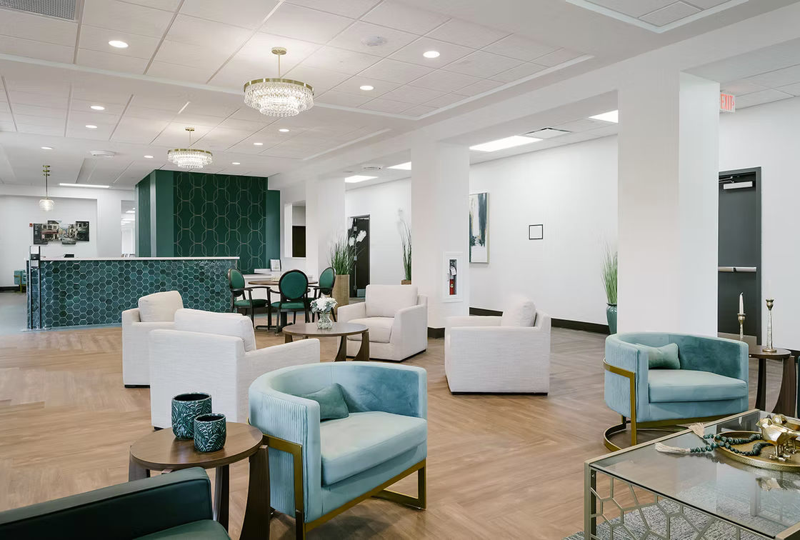 Interior view of a modern common area with seating