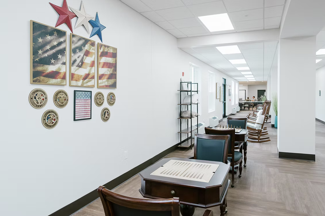 Interior view of a common area with patriotic decorations