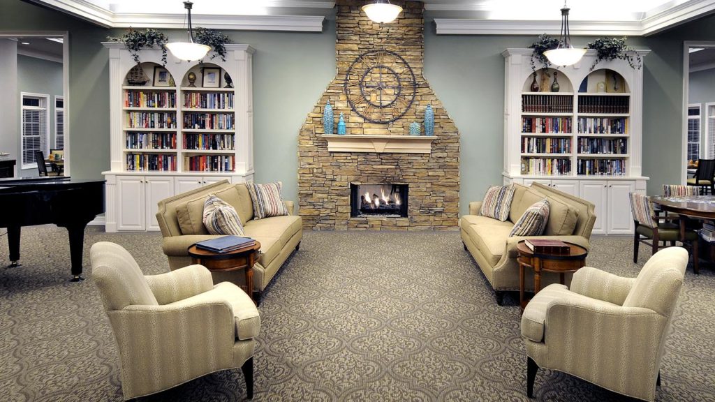 Comfortable seating area with a fireplace and bookshelves