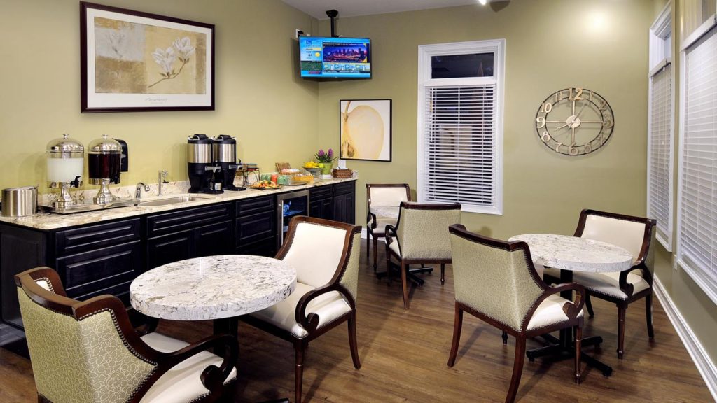 Cozy dining area with tables and refreshments
