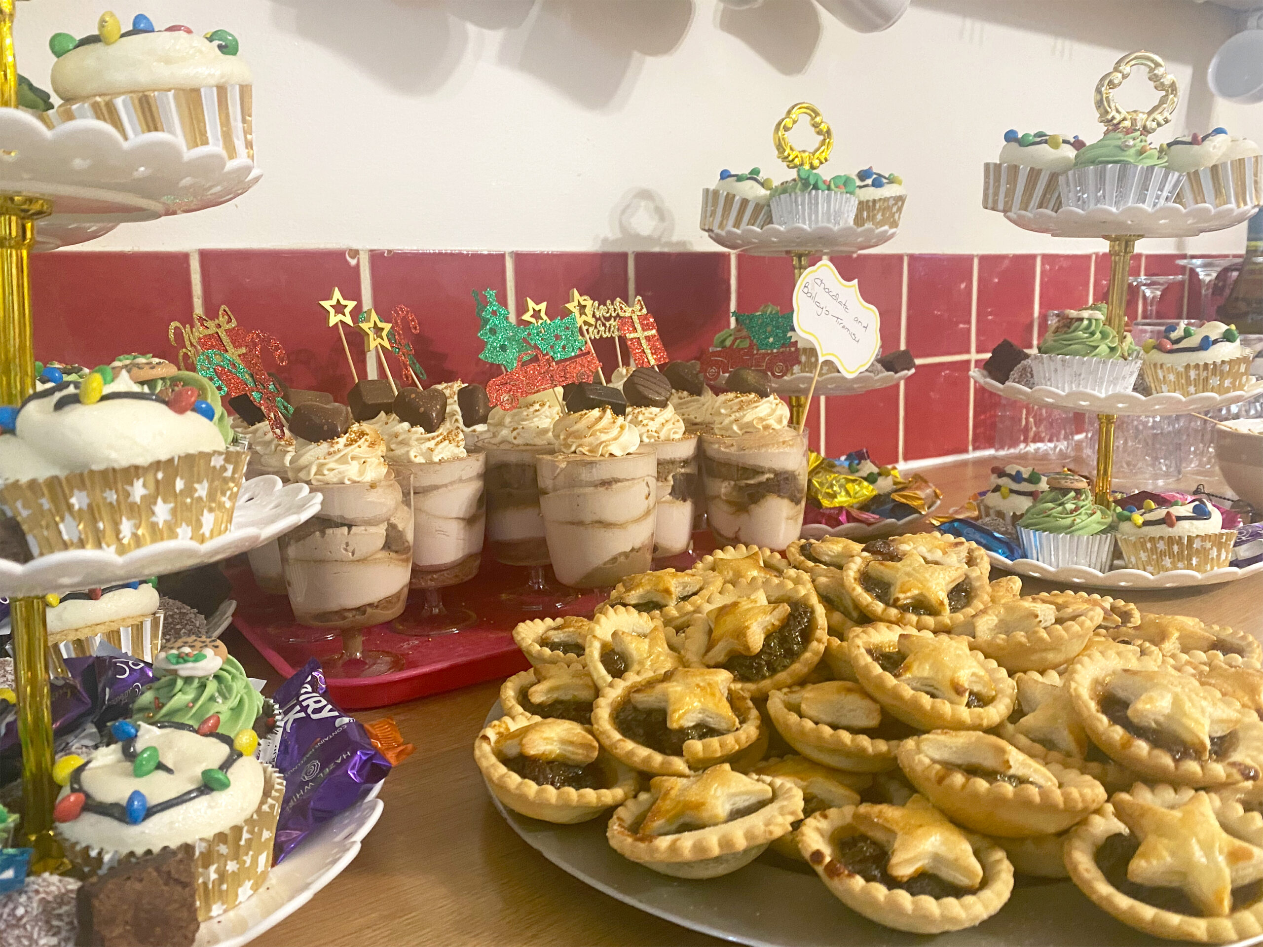 Decorated holiday desserts and treats on a table