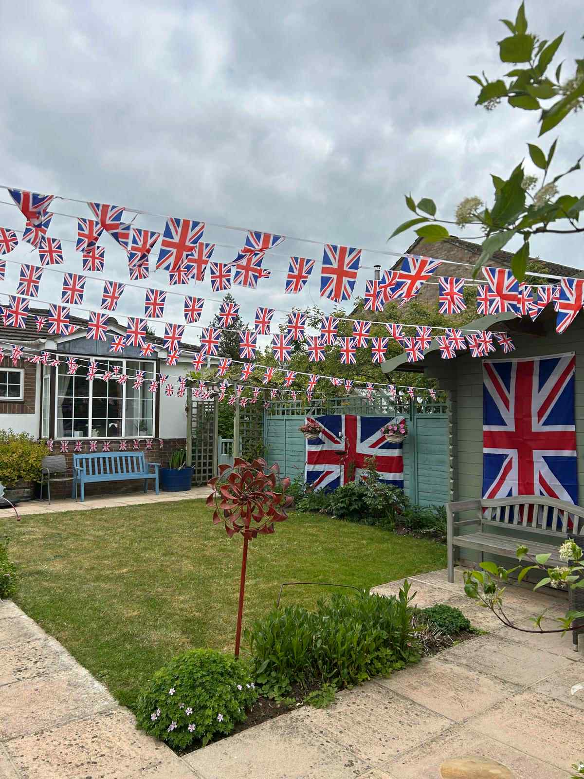 Garden decorated with Union Jack flags