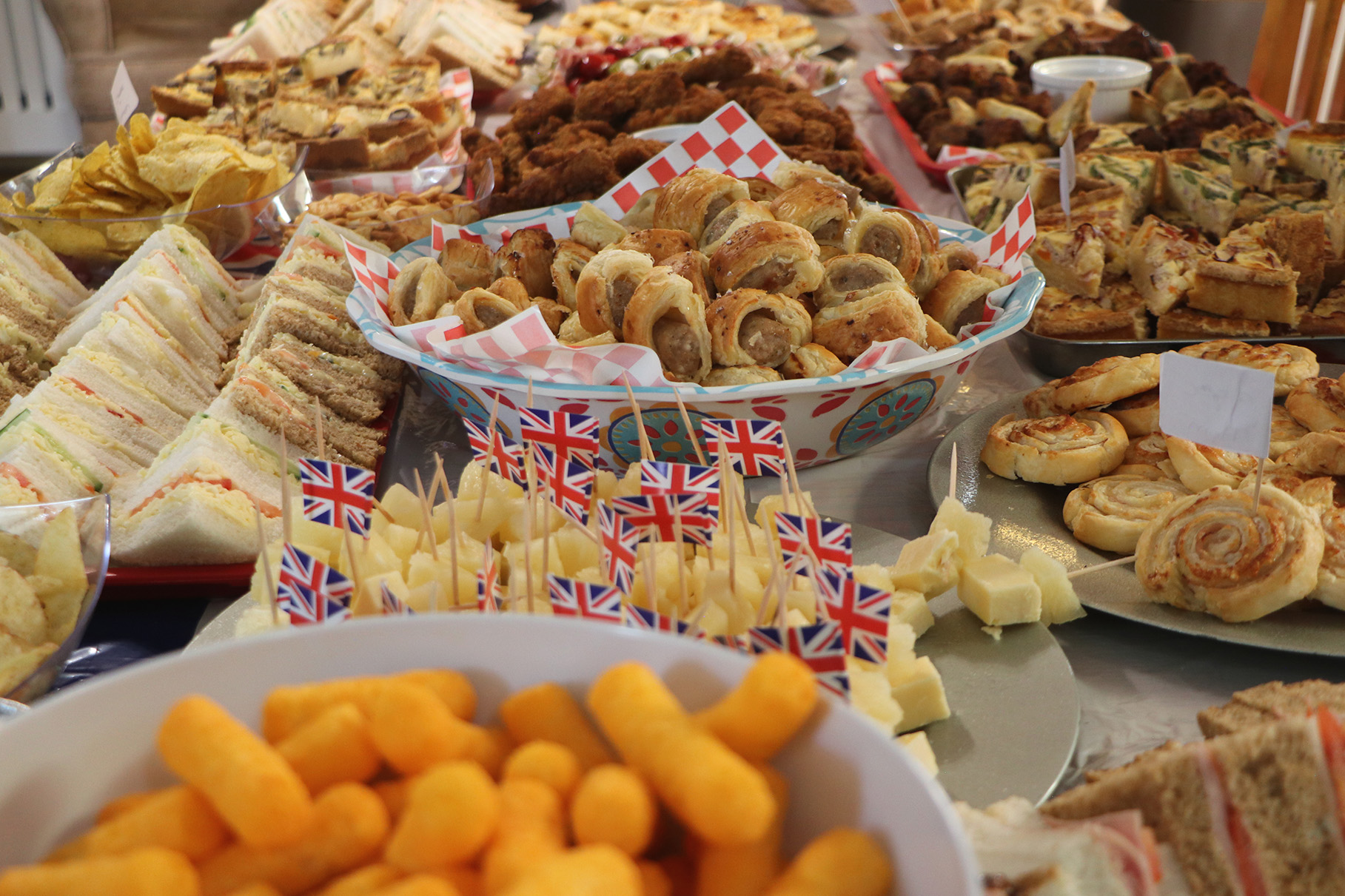 A variety of prepared foods displayed on a table