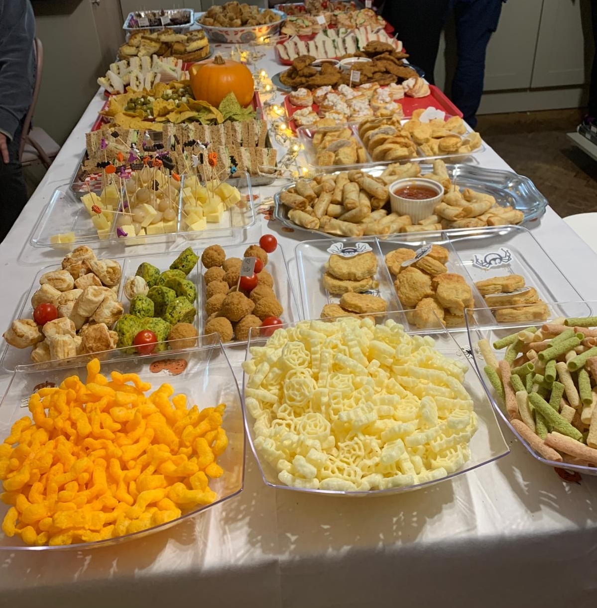 A colorful display of various foods on a table