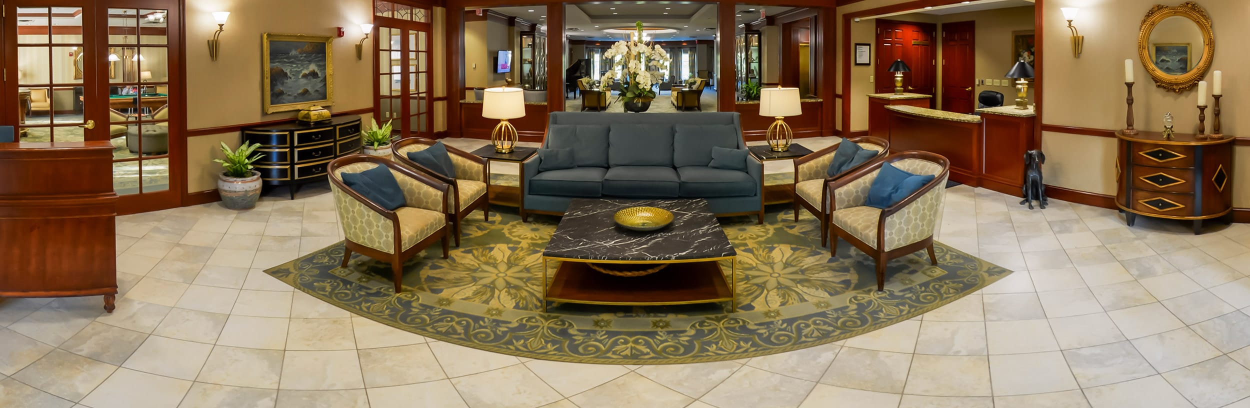 Comfortable seating area in a senior living facility lobby