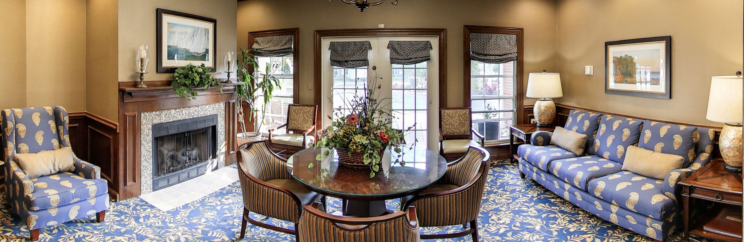 Interior of a cozy lounge area with seating