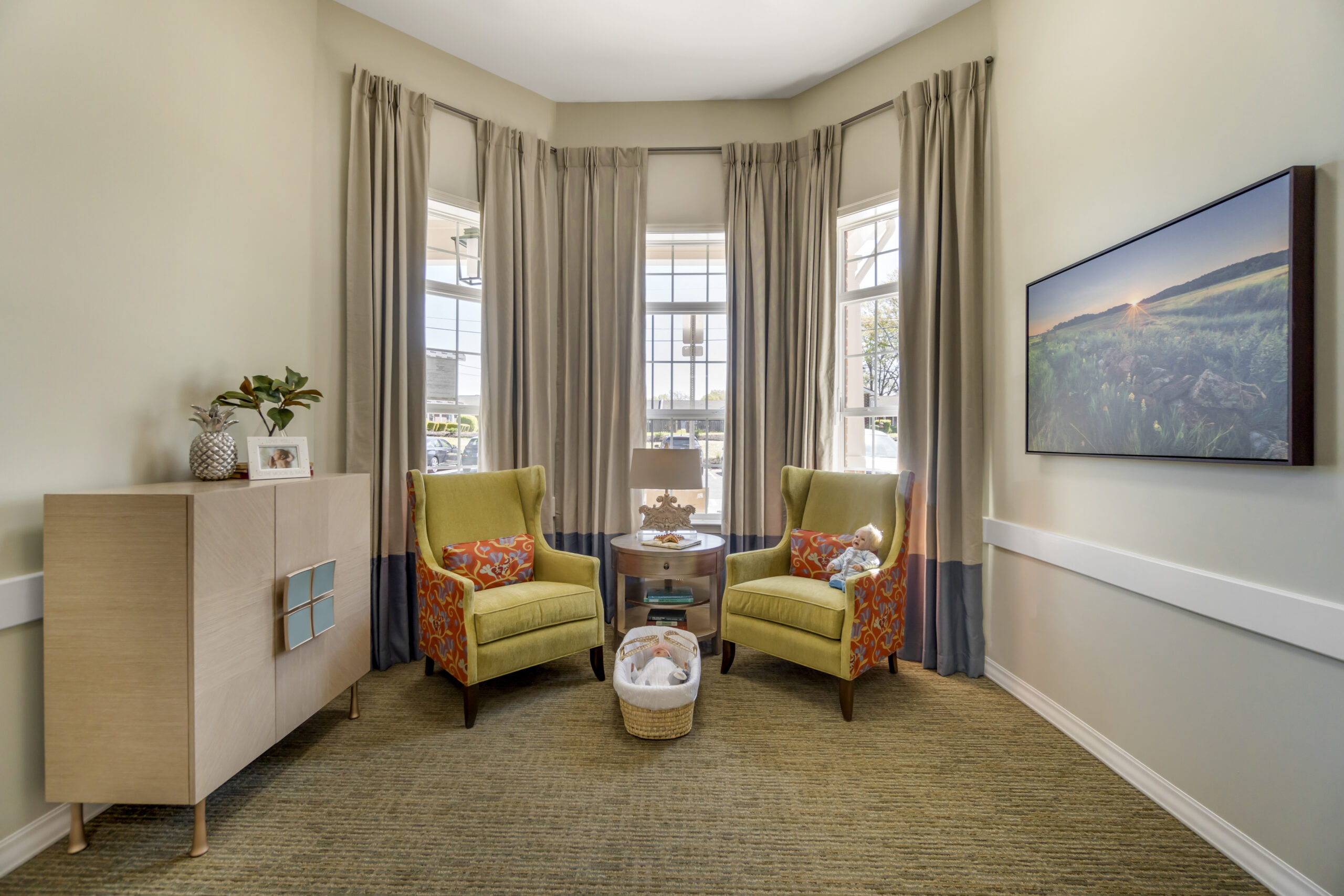 Cozy common area with seating and artwork