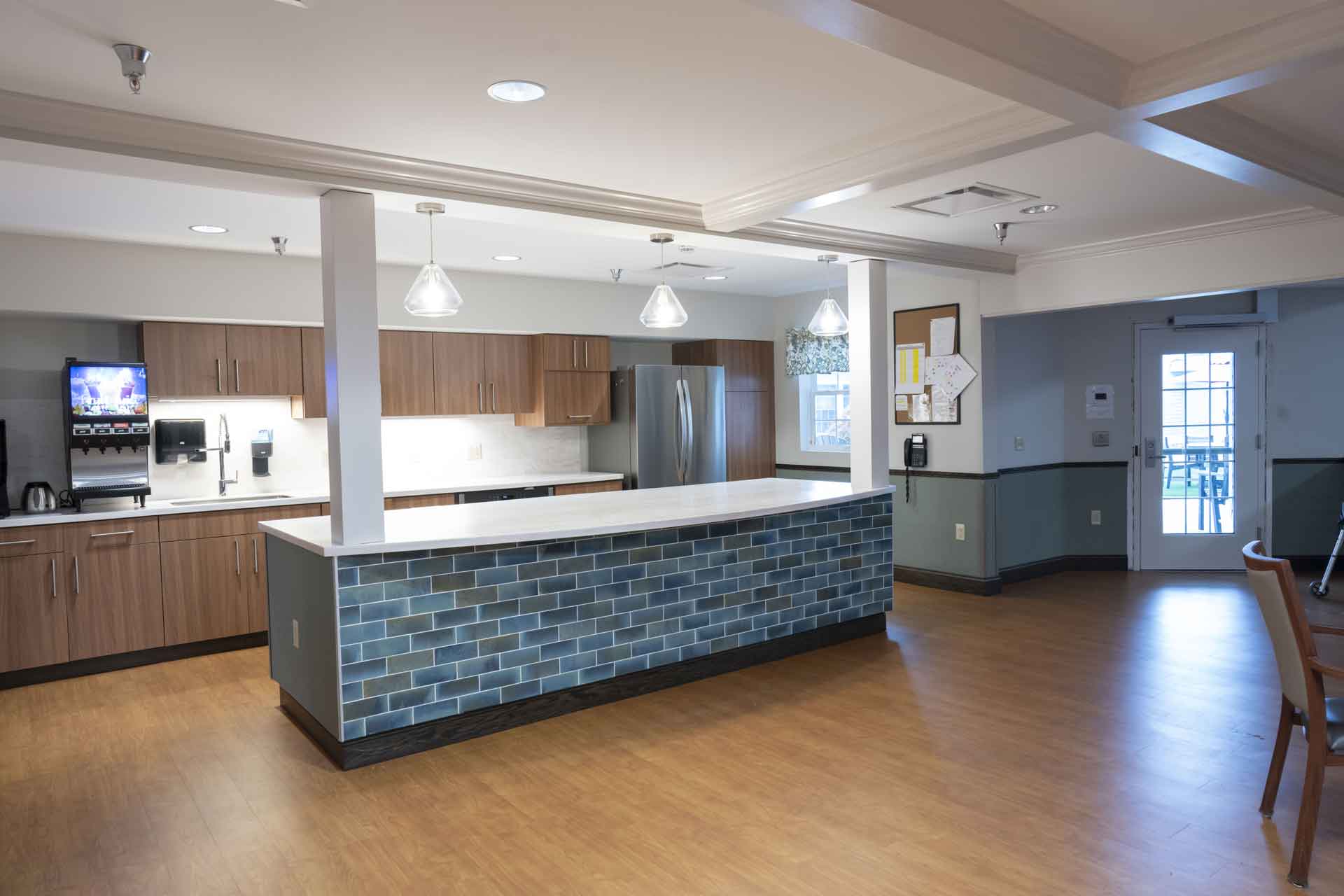 Bright interior of a dining area with kitchen