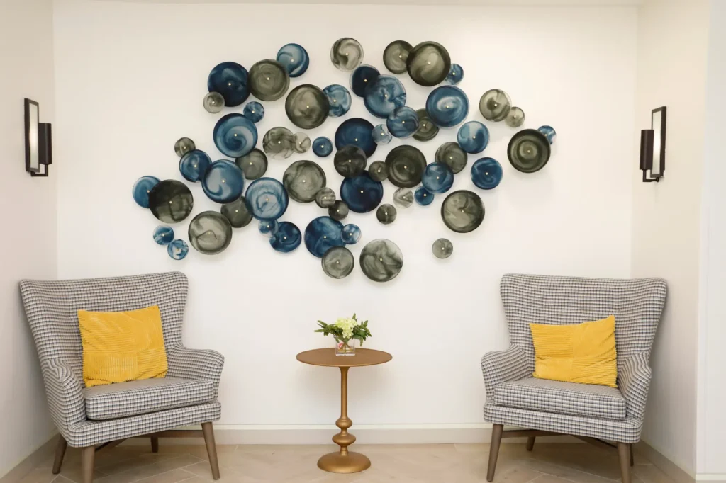 Decorative wall art in a common area lounge