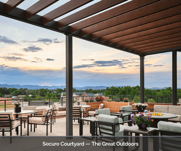 Outdoor courtyard with seating and scenic views