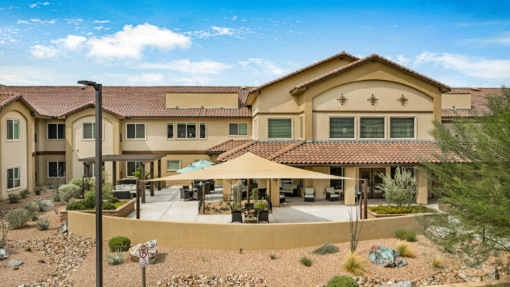 Exterior view of Cadence at Olney building and outdoor seating area